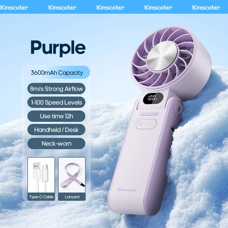 Cooling Handheld Turbo Fan – Foldable Portable Mini Fan with Ice-Cool Technology, 3600mAh Battery & 100 Speed Levels