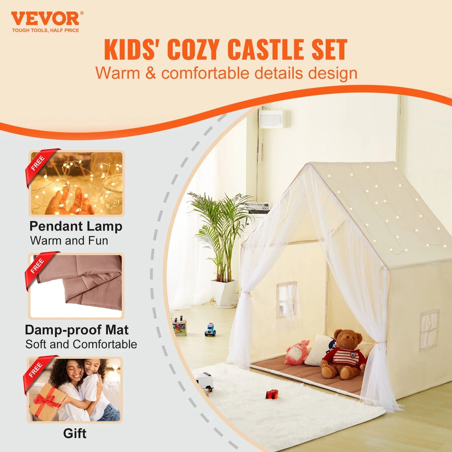 VEVOR Kids Play Tent with Mat & Lamp – Beige Yurt