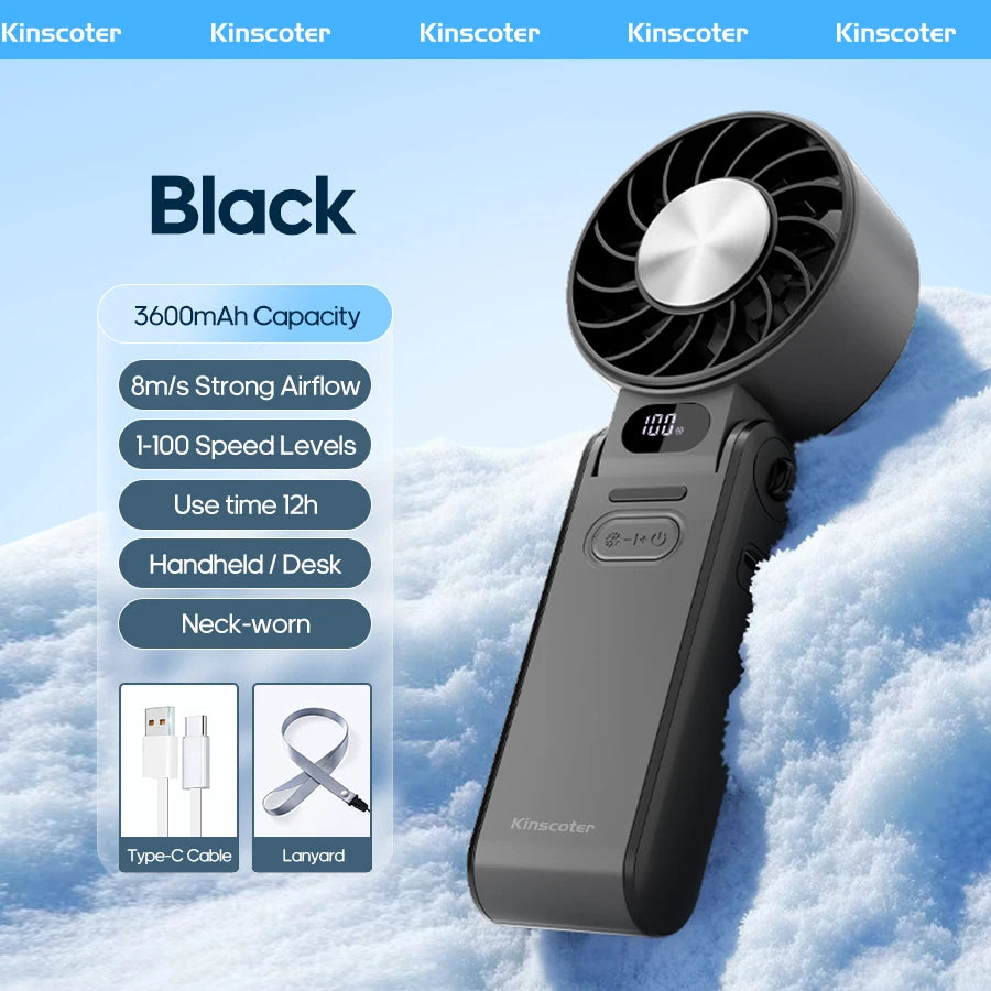 Cooling Handheld Turbo Fan – Foldable Portable Mini Fan with Ice-Cool Technology, 3600mAh Battery & 100 Speed Levels