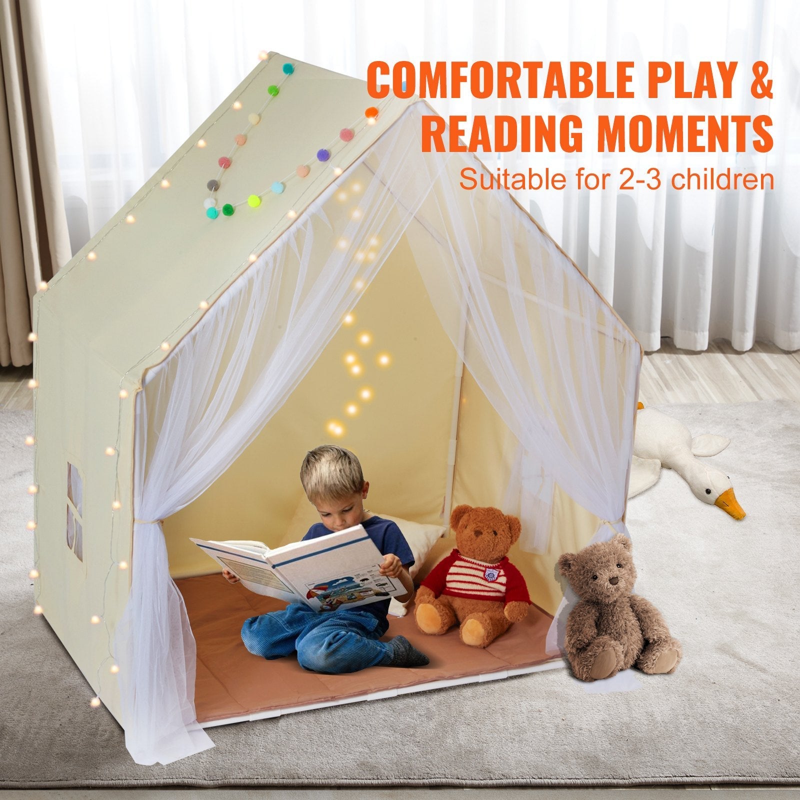 VEVOR Kids Play Tent with Mat & Lamp – Beige Yurt