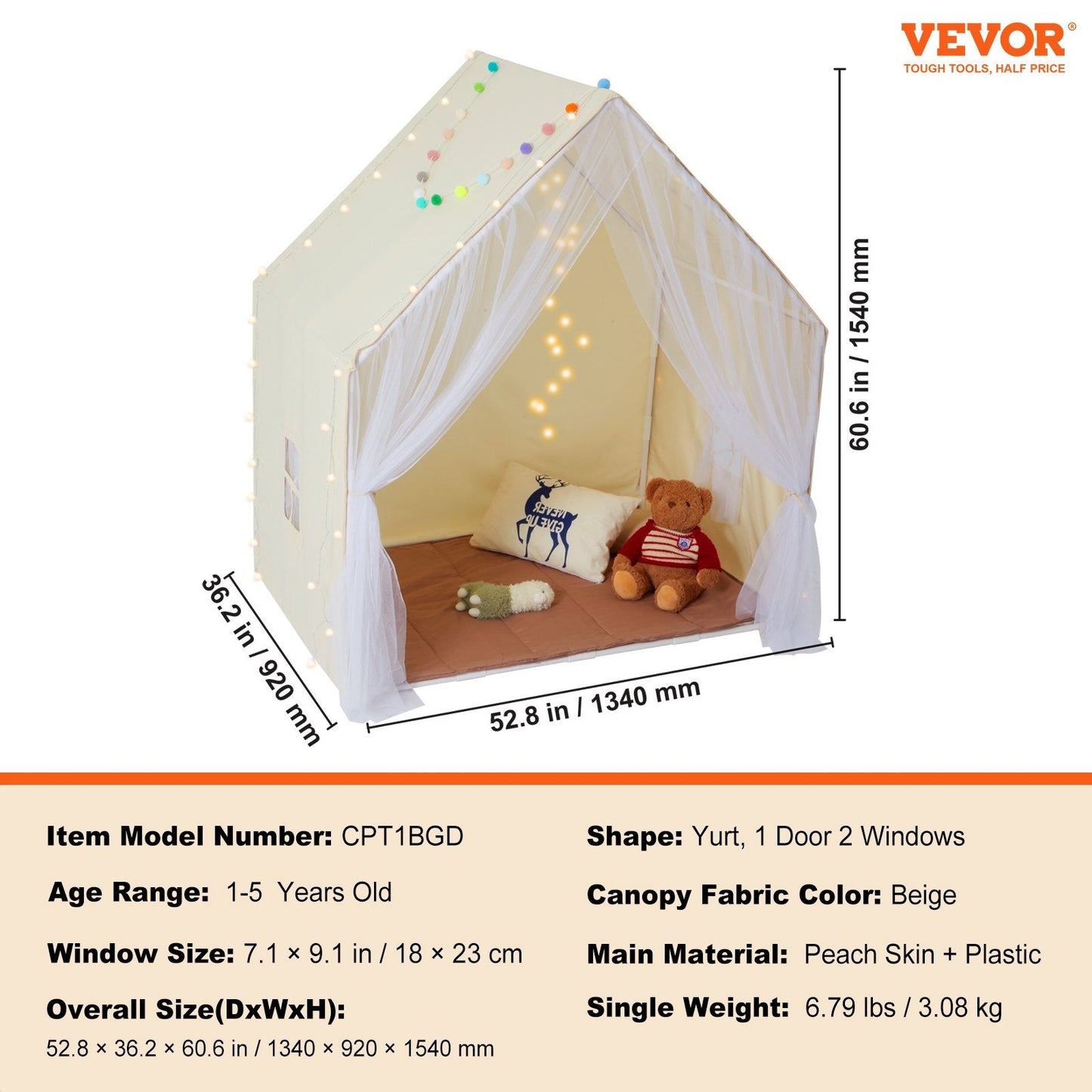 VEVOR Kids Play Tent with Mat & Lamp – Beige Yurt