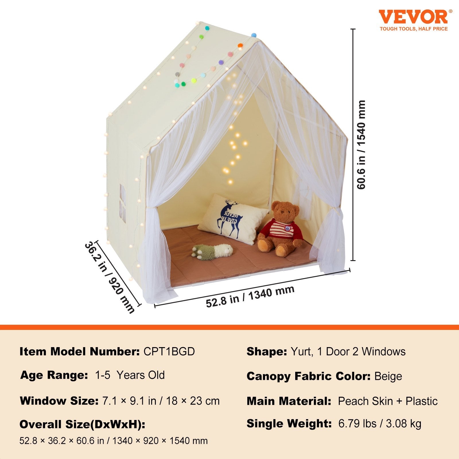 VEVOR Kids Play Tent with Mat & Lamp – Beige Yurt