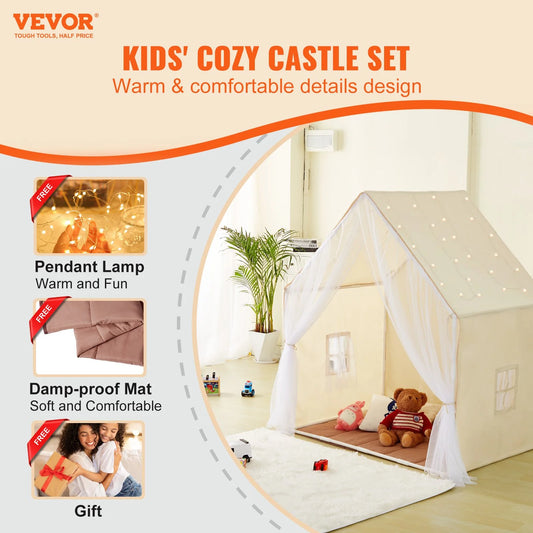 VEVOR Kids Play Tent with Mat & Lamp – Beige Yurt