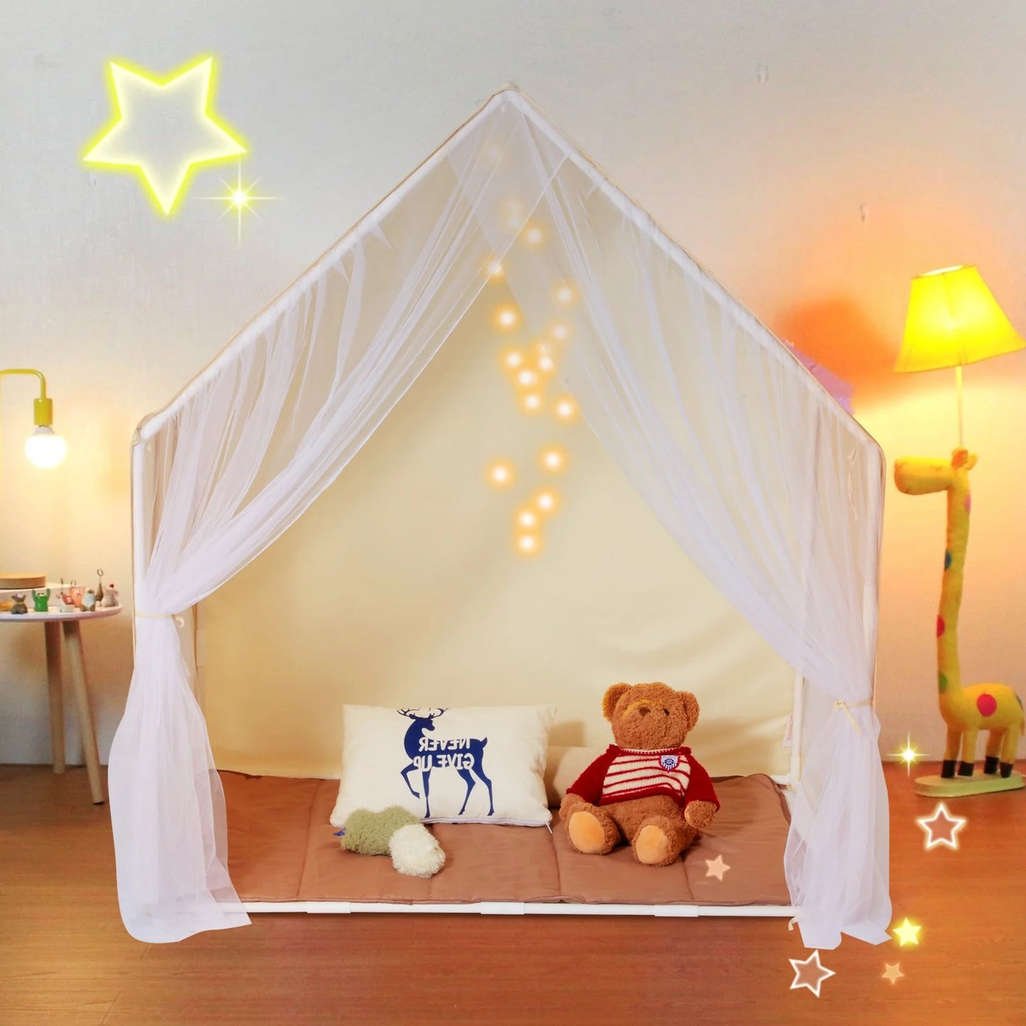VEVOR Kids Play Tent with Mat & Lamp – Beige Yurt
