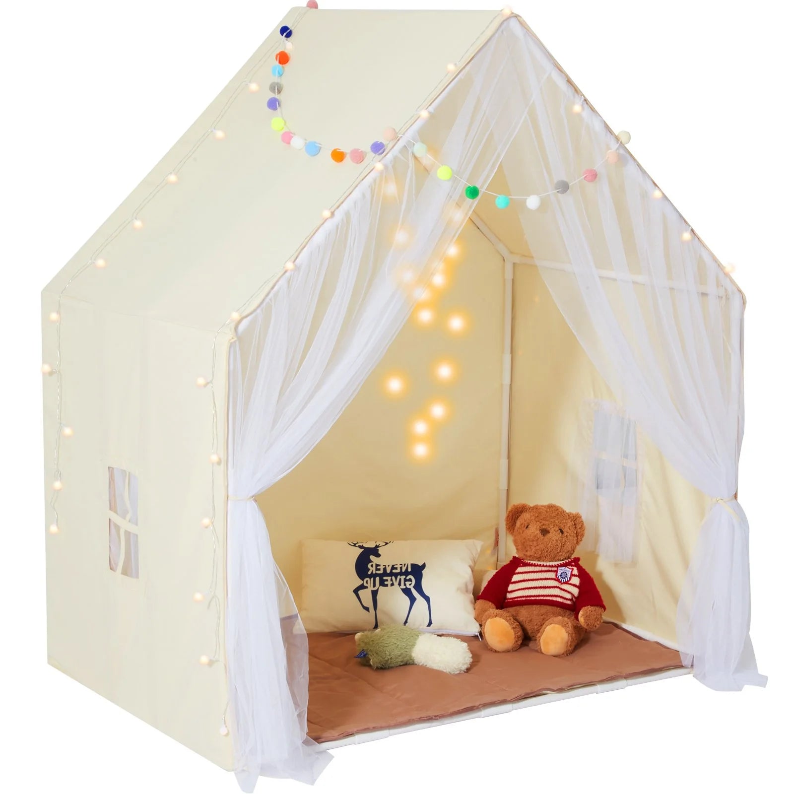 VEVOR Kids Play Tent with Mat & Lamp – Beige Yurt