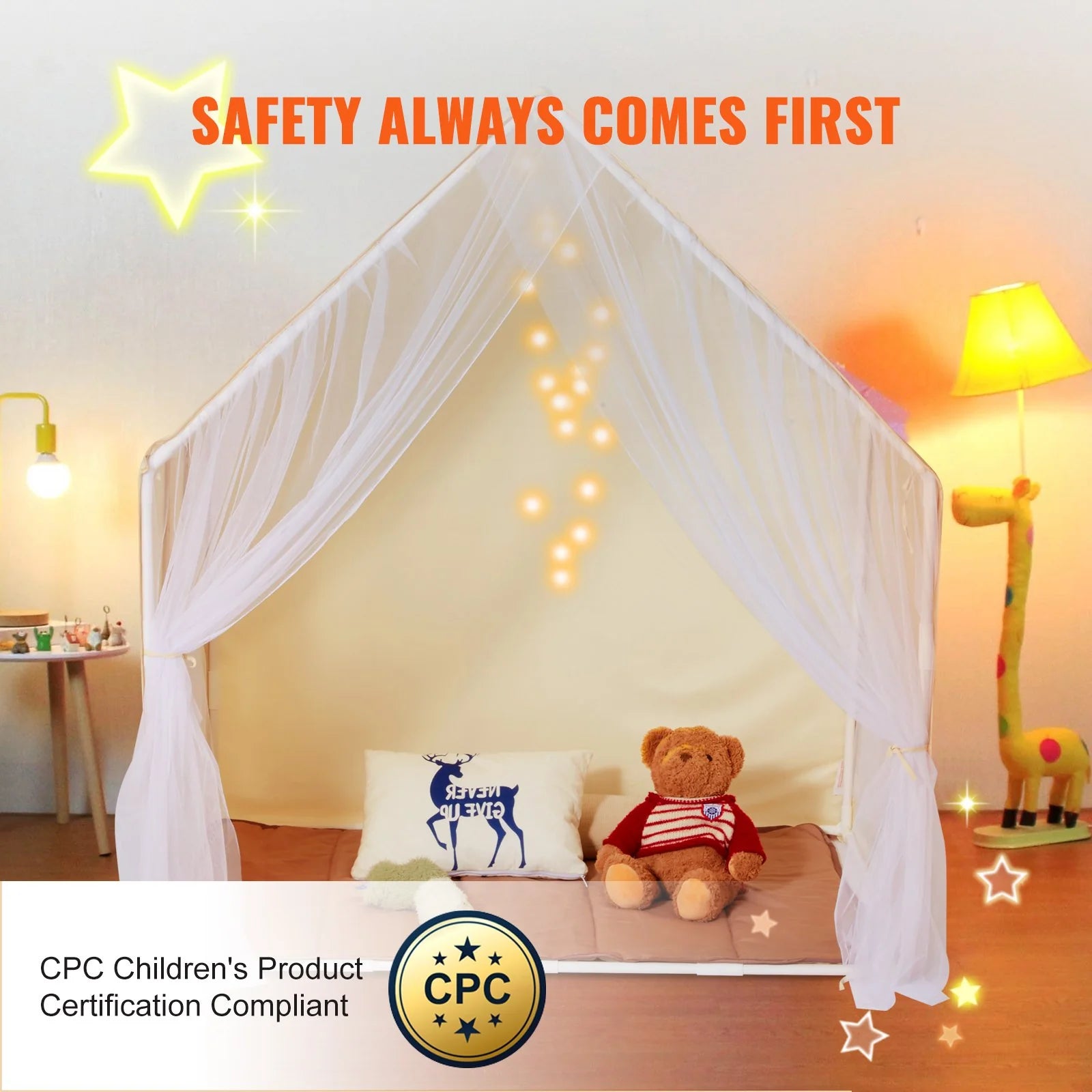 VEVOR Kids Play Tent with Mat & Lamp – Beige Yurt